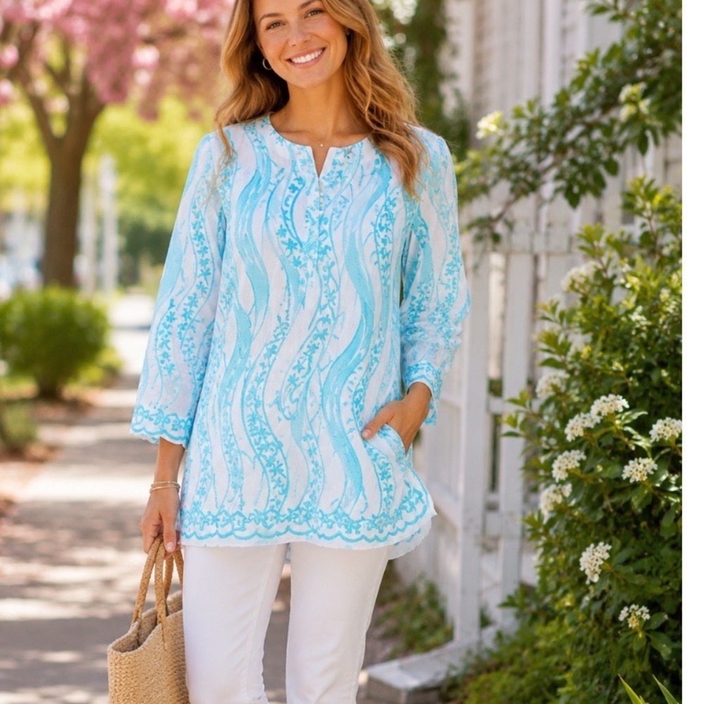 Sharon Young White Turquoise Blue Embroidered Cotton Tunic Top Sz S boo